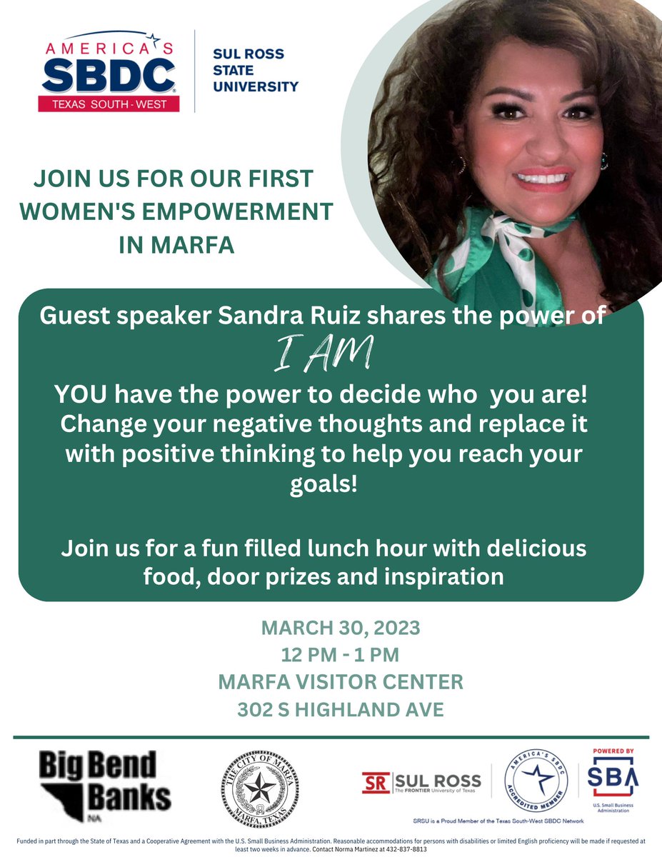 SRSUSBDC's tweet photo. Here is the official flyer for our Women's Empowerment in Marfa.  Please register so we can get an idea of how much food we will need!  Register at https://t.co/19roYCjyaN, call me at 432-837-8813 or message me.  
We are looking forward to seeing you there! https://t.co/a6WmI9N2Qe