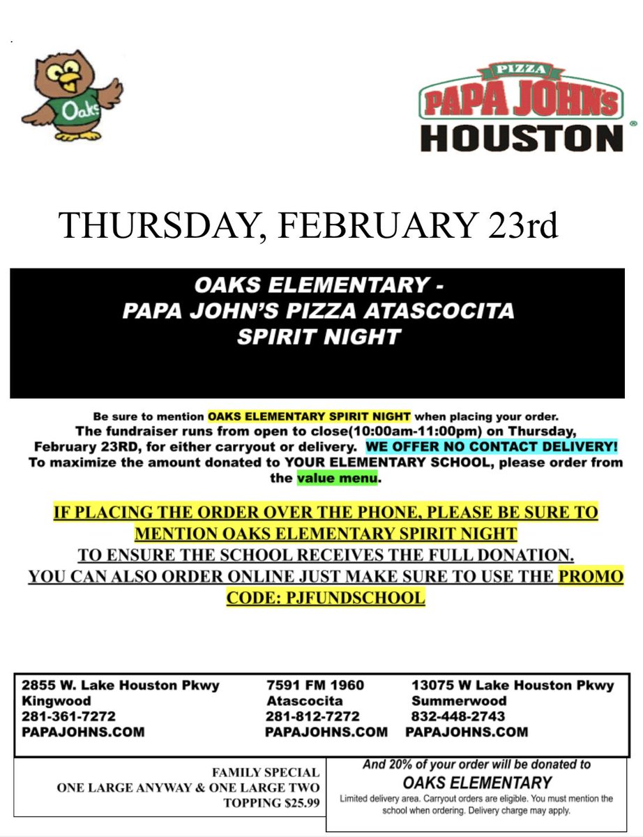 oaks_pto's tweet photo. Need lunch or dinner plans on Thursday? Order pizza and support Oaks PTO! It’s a win win! https://t.co/5JzPlNgAVx