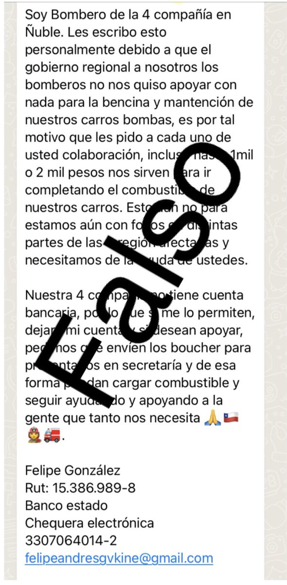 bomberoschillan's tweet photo. ⚠️⚠️FALSO⚠️⚠️ En las distintas redes sociales circula este aviso, el cual desmentimos informando que esté el único medio oficial por lo que nunca ocuparemos correos y cuentas personales.
Siempre nuestros información serán institucionales y nunca se hará mal uso de nuestro nombre https://t.co/zLRJbBw2f5