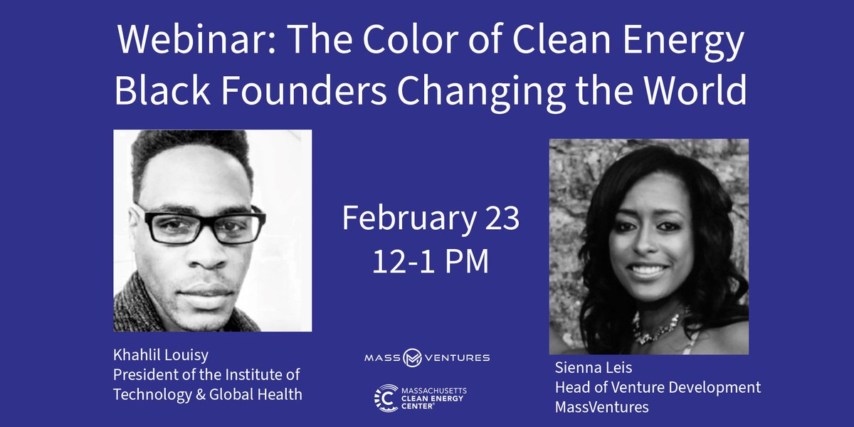 massventures (@massventures) on Twitter photo Join us this Thurs. 2/23 for a conversation with Sienna Leis and Khahlil Louisy about challenges facing #diverse founders in #tech. This is the first in our 3-part webinar series about diversity in #cleantech, in partnership with <a href="/MassCEC/">Massachusetts Clean Energy Center</a>
Register 👇👇👇
eventbrite.com/e/the-color-of… Join us this Thurs. 2/23 for a conversation with Sienna Leis and Khahlil Louisy about challenges facing #diverse founders in #tech. This is the first in our 3-part webinar series about diversity in #cleantech, in partnership with <a href="/MassCEC/">Massachusetts Clean Energy Center</a>
Register 👇👇👇
eventbrite.com/e/the-color-of…