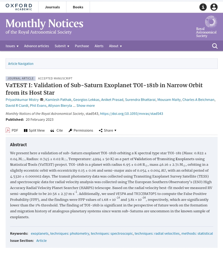 Our 1st publication on the discovery of a new Sub-Saturn like exoplanet TOI-181b is published on MNRAS:
academic.oup.com/mnras/advance-…

arxiv: arxiv.org/abs/2211.07957

#exoplanet #astronomy #tess #iiserkolkata #astrophysics #nasaexoplanets #exoplanettransit #iiser #science #universe