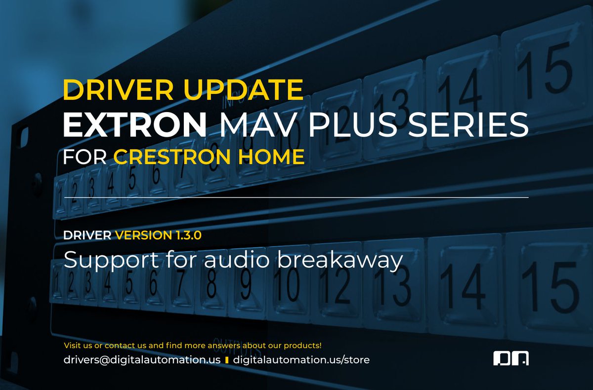 DAutomation's tweet image. We updated our @Extron  MAV Plus Series driver for @Crestron Home! It now supports audio breakaway. 

Want to know more about our drivers? Visit us and find more about our products.

digitalautomation.us/product/extron…
#Crestron #crestroncontrol #proav #avpro #smarthome #CrestronProgramming