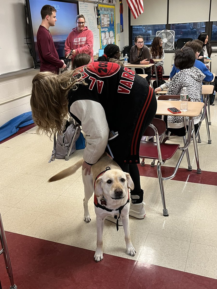 Pae_AllentownHS's tweet photo. AHS welcomed a visit from our therapy dogs last week.  Also, we recognized our Faculty Member of the Month, Mrs. Judi Pietrini-who along with being a valued staff member that cares for students-knows how to celebrate…Redbird Pride! https://t.co/LpyPDmF3DK