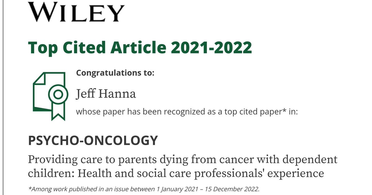 🙌🏽 So pleased to share that for a second year running, our study with #HSCPs on providing #care to #parents at #endoflife with #cancer has been received as a #TopCited article in #Psychooncology in 2021 - 2022

Free to access ⤵️
onlinelibrary.wiley.com/doi/abs/10.100…

@semple_cherith