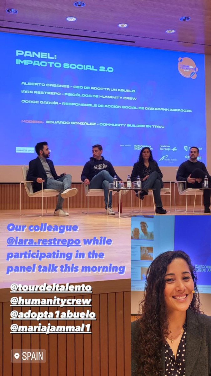 HumanityCrew's tweet photo. Our participation this morning in a panel to talk about the importance of social impact in Spain @adopta1abuelo @tourdeltalento @mariajammal @Iararestrepo #humanitycrew https://t.co/PEe89Tj0J8