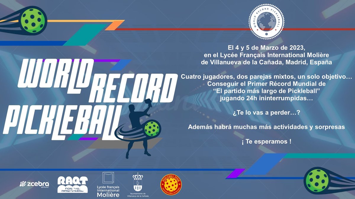 PickleballSpain's tweet photo. #PickleballRecord NOTA DE PRENSA✍️📰
4 Y 5 DE MARZO: "El partido más largo de pickleball"🎖
📲💻STREAMING de RAQT si no puedes presenciar en vivo el récord: https://t.co/pSWpesvxLm
@Zcebra_pb @lfimoliere
#pickleball https://t.co/jYusuFTjt3