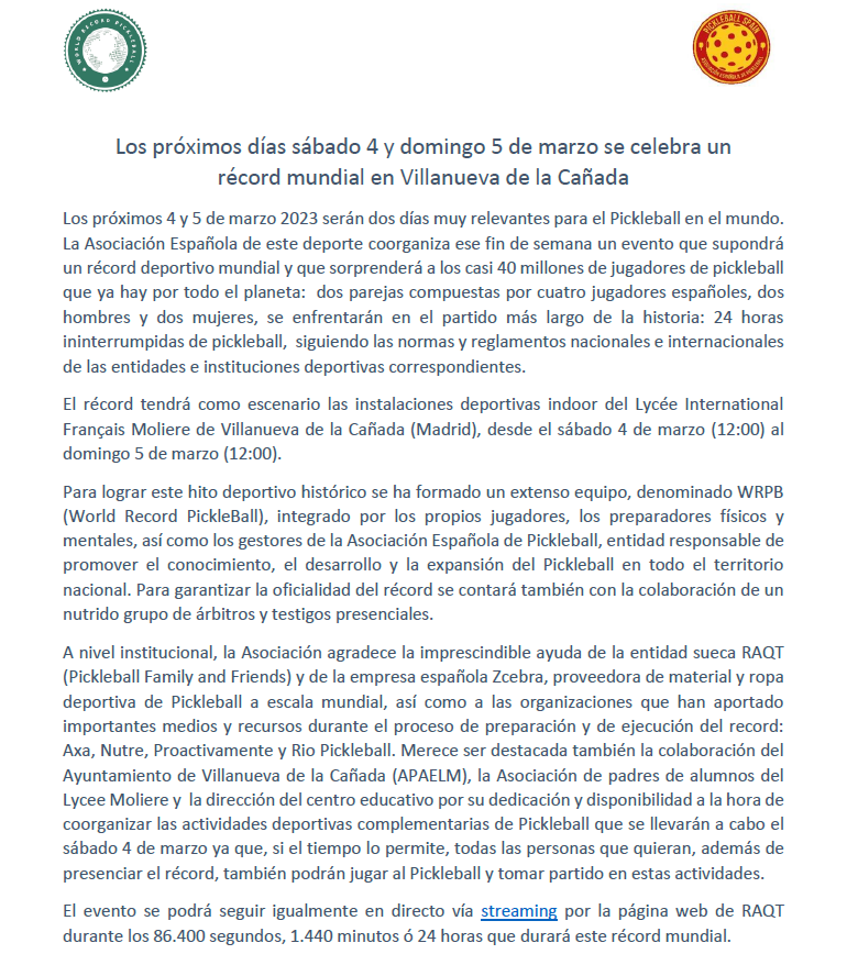 PickleballSpain's tweet photo. #PickleballRecord NOTA DE PRENSA✍️📰
4 Y 5 DE MARZO: "El partido más largo de pickleball"🎖
📲💻STREAMING de RAQT si no puedes presenciar en vivo el récord: https://t.co/pSWpesvxLm
@Zcebra_pb @lfimoliere
#pickleball https://t.co/jYusuFTjt3