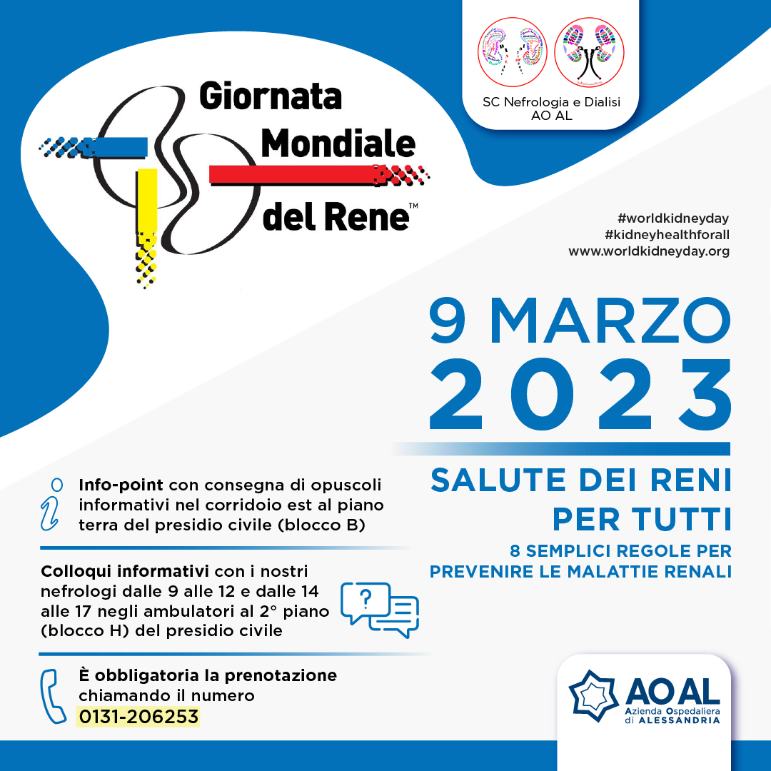 AziendaOspAL's tweet photo. Il #9marzo i nostri professionisti saranno a disposizione per fornire info utili per prevenire le malattie renali e per primi colloqui informativi
‼️ Per i colloqui è obbligatoria la prenotazione chiamando lo 0131-206253 👇
#aoal #WorldKidneyDay #KidneyHealthForAll https://t.co/c71EX2sPye