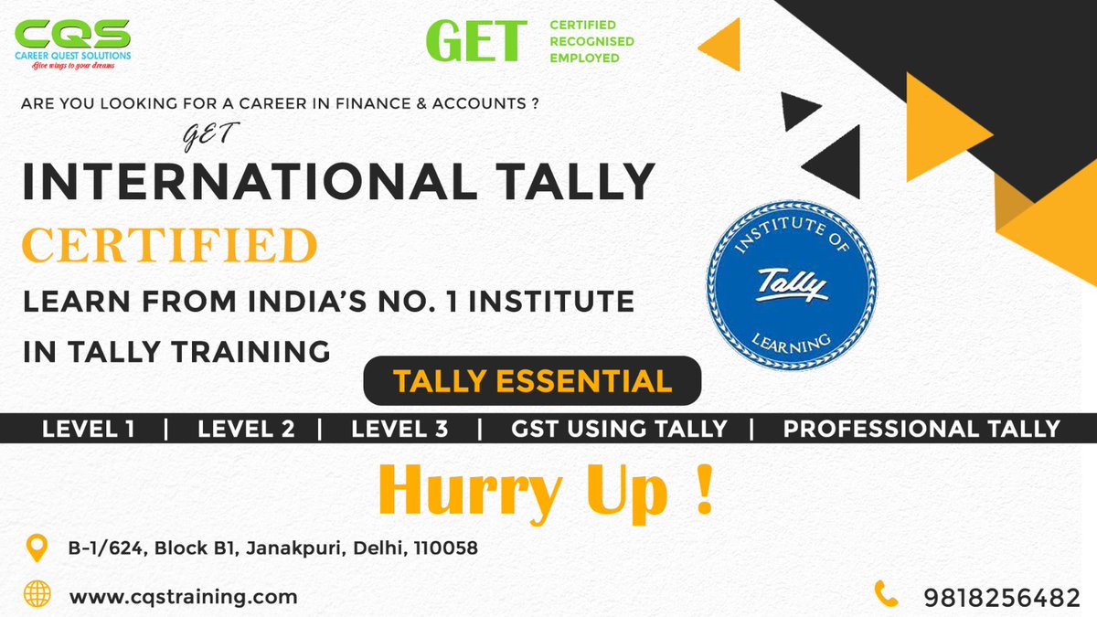 CQSTraining's tweet image. Learn and Get International Tally Certified from CQS, #1 in Tally Training and Tally Authorized centre.

#Tally #TallyERP9 #GSTusingTally #TallyACE #TallyPRO #getcertified #upgradeyourself #cqsacademy 
#cqstraining #education #learning #school #motivation #students #love #study