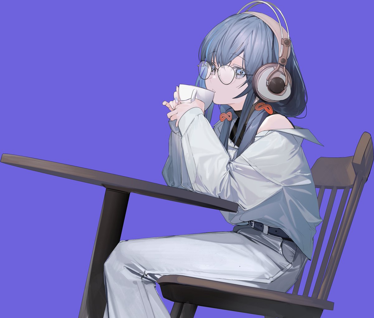 1girl cup solo glasses headphones sitting holding cup  illustration images