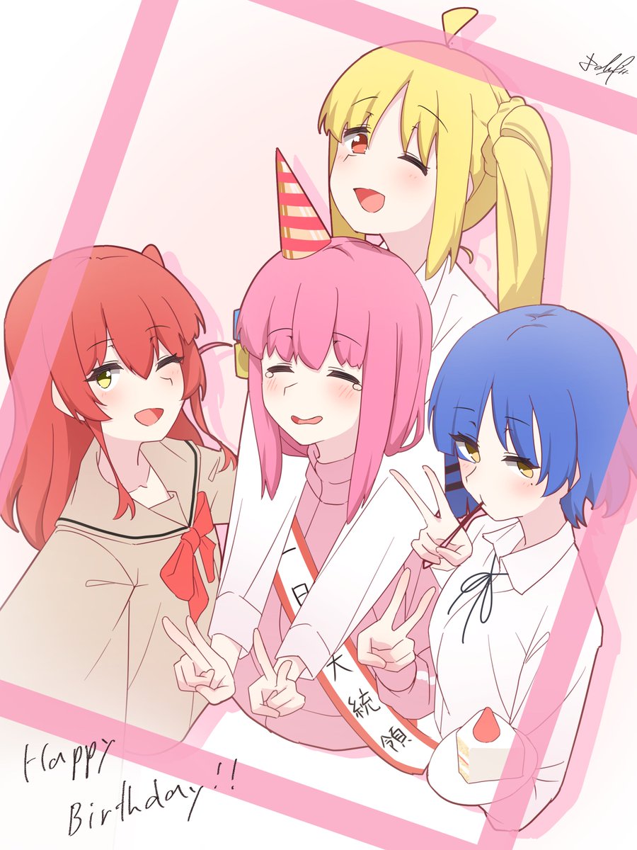 gotou hitori ,ijichi nijika 4girls multiple girls pink hair blonde hair blue hair cube hair ornament track jacket  illustration images