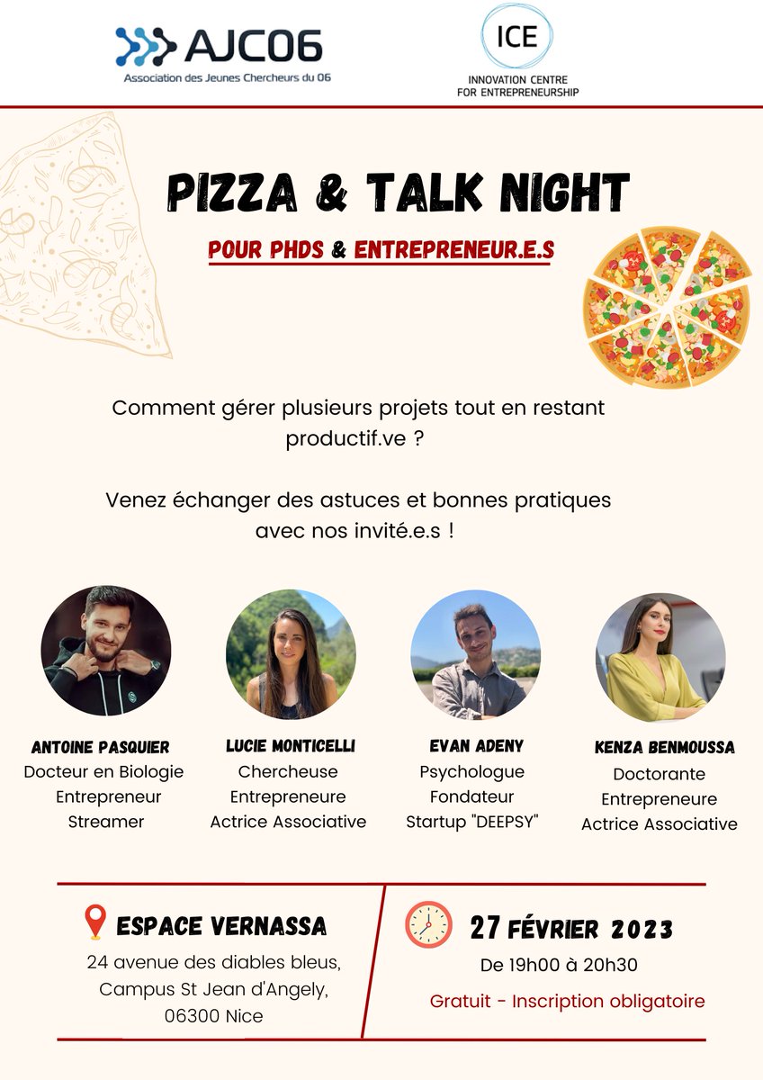 Venez échanger entre doctorants, chercheurs et entrepreneurs sur la gestion du temps et productivité tout en partageant des Pizzas offertes ! 

Inscription ➡ forms.gle/VrEiXXRd4JfeXL…
