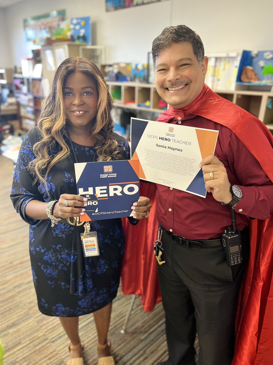 Principal Reyes donned his hero cape to recognize #OCPHeroTeacher Ms. Haynes!  Her Rising Stars program is growing at <a href="/Westbrooke_OCPS/">Westbrooke Elementary - OCPS</a> and her 5th grade students are ready for the future!  Thank you for all you do!  <a href="/OCPSnews/">ocpsnews</a> <a href="/CDLocps/">Curriculum and Digital Learning</a>