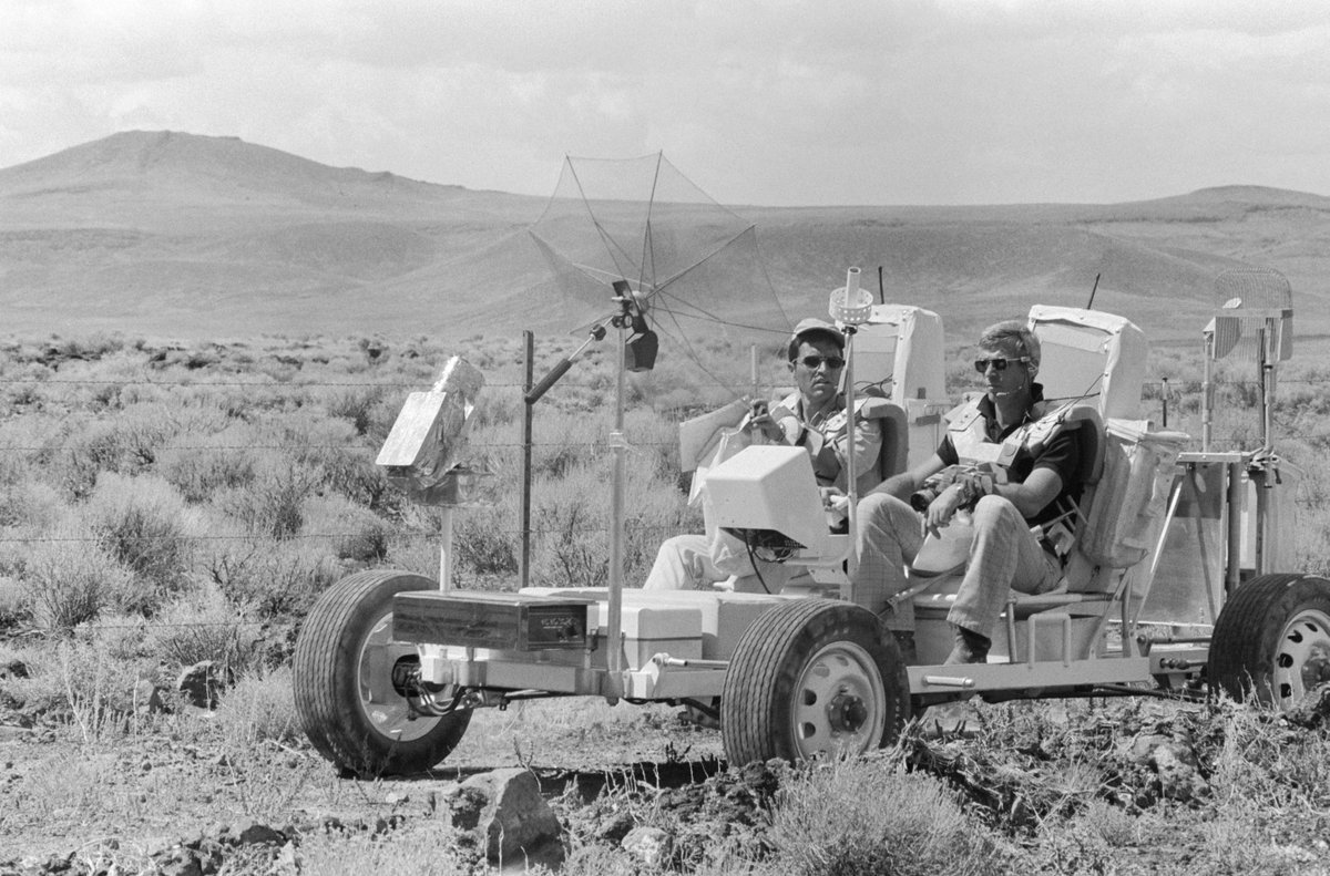 "Gene, do you see any pancakes? I don't see any pancakes." 🥞 

Apollo 17 astronauts Harrison Schmitt and Gene Cernan drive the Lunar Roving Vehicle trainer during an EVA training exercise in the Pancake Range area of south-central Nevada in September 1972. #NationalPancakeDay