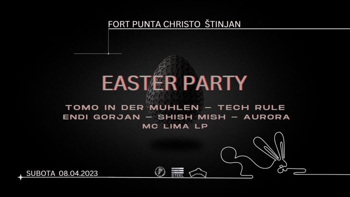 idmmusic's tweet photo. @fort_punta_christo #EasterParty with on #saturday #april8 
@tomo_in_der_muhlen @tomo.raw 
@tech_rule21 
@endi_gorjan 
@shish_mish_ 
@valic_aurora 
@lima_lp_party_mc 
Doors open at 22:00
for more info: 
https://t.co/vrP3Wf2kmc
#technosteel https://t.co/SQKw63VWSC