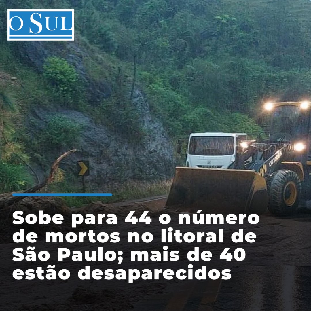 OSul_noticias's tweet photo. Sobe para 44 o número de mortos no litoral de São Paulo; mais de 40 estão desaparecidos:
Leia no Jornal o Sul e em https://t.co/sK2NJFVImy (link na bio)
#jornalOsul #OSul #PortalOsul #jornal #informação #futevôlei #handbeach #orladoguaiba #portoalegre #riograndedosul https://t.co/XZ1Z8lSI4w