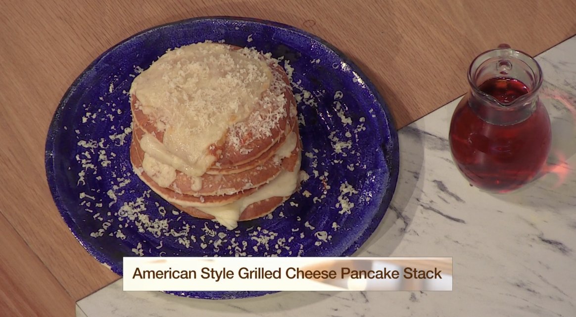 🥞American cheese stack🥞

6 fluffy American pancakes
Comte grated
Montgomery cheddar grated
Mozzarella grated
Maple syrup