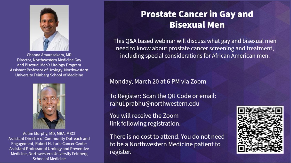NM Urology (@nm_urology) on Twitter photo ⚠️UPCOMING PATIENT WEBINAR⚠️
Please join us on March 20th to discuss what gay and bisexual men need to know about #prostatecancer screening and treatment, including special considerations for African-American men. This webinar will be led by <a href="/CAmarasekera/">Channa Amarasekera</a> and <a href="/DrAdamMurphy/">Dr. Adam Murphy</a>.
📆: ⚠️UPCOMING PATIENT WEBINAR⚠️
Please join us on March 20th to discuss what gay and bisexual men need to know about #prostatecancer screening and treatment, including special considerations for African-American men. This webinar will be led by <a href="/CAmarasekera/">Channa Amarasekera</a> and <a href="/DrAdamMurphy/">Dr. Adam Murphy</a>.
📆: