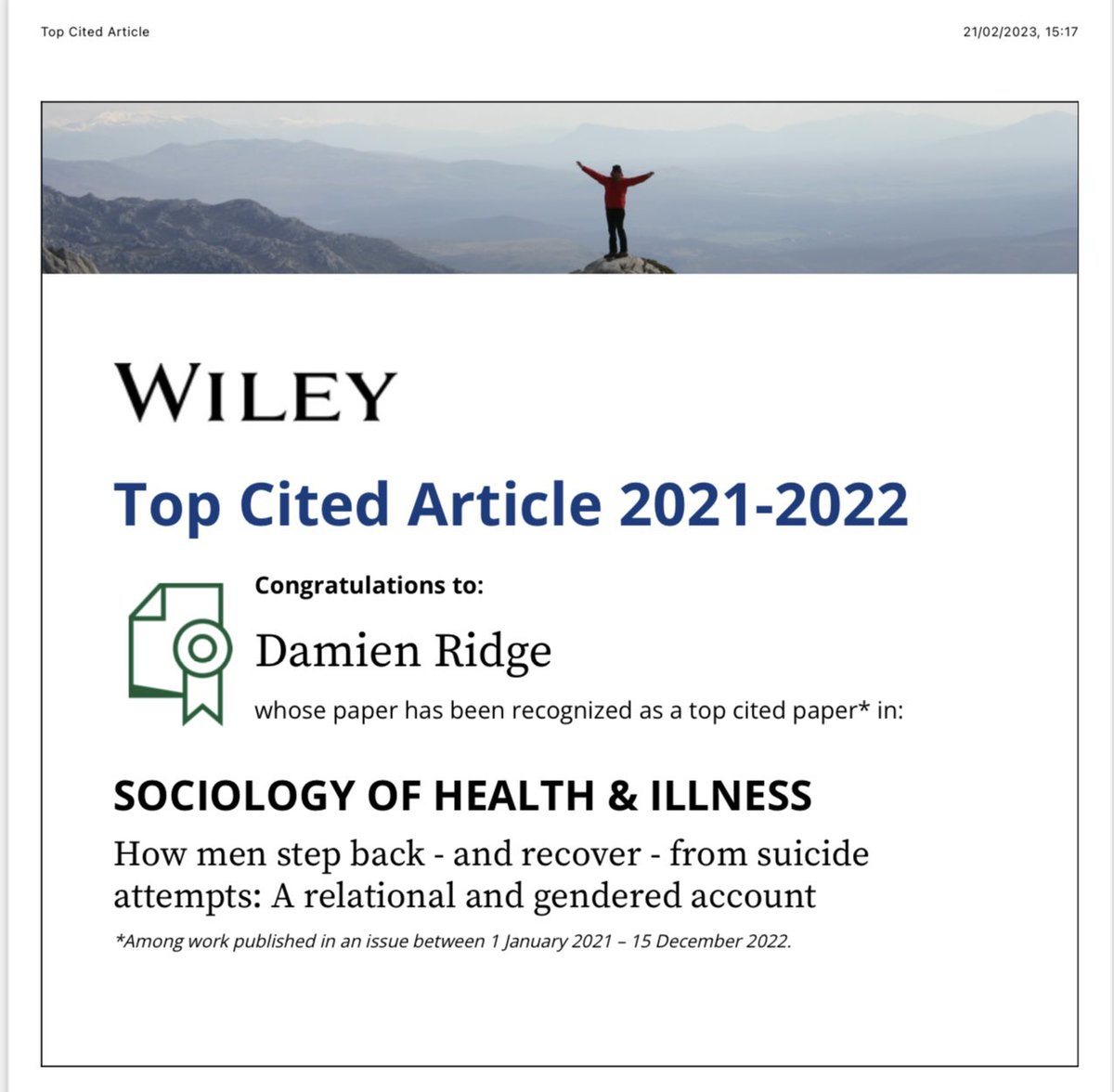 Our recent article on how men step back from suicide has received enough citations to be recognised as a #topcitedarticle in @SHIjournal @MensHealthUBC @BroomAlex doi.org/10.1111/1467-9…
