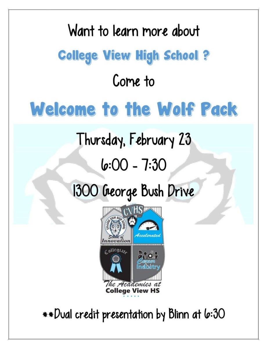 CollegeViewHS3's tweet image. Want to learn more about the FET, Hospitality, Accelerated Academy, &amp;amp; Digital Media Influencer Pathways, &amp;amp; Dual Credit opportunities offered at CVHS? Come join us on Feb. 23 for Welcome to the Pack! #cvhstwolves #welcometothepack