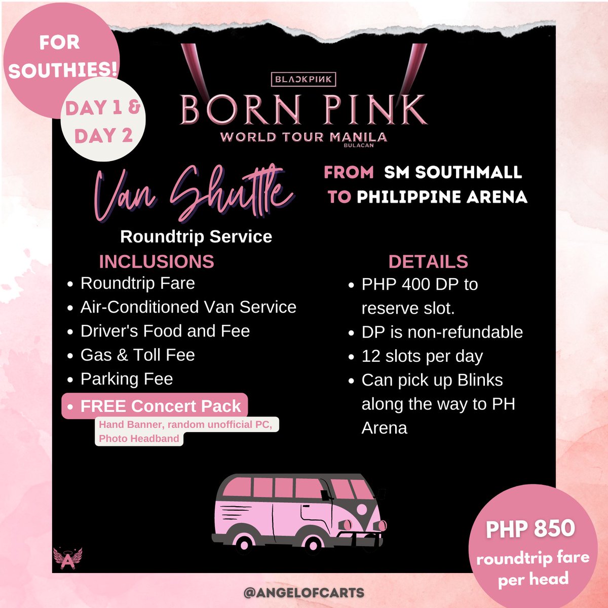 angelofcarts's tweet photo. 🚨Van Service from Las Piñas for Born Pink Bulacan🚨

We have a shuttle service to and from Las Piñas to PH Arena WITH FREEBIES 💖
 
Cost: 850PHP
DP of 400PHP is required

Fill out this Form to reserve: https://t.co/eqcw6tBwKY

See other details on the photo! https://t.co/xiixGPNXlj