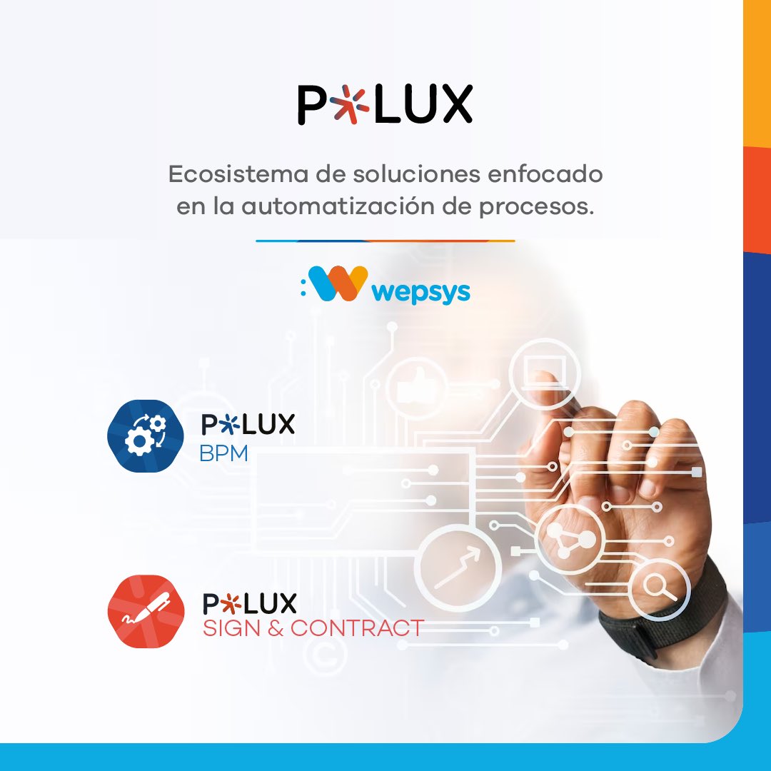 Wepsys's tweet photo. En Wepsys estamos listos para generarle valor a la transformación e innovación de proyectos tecnológicos que hoy están necesitando nuestros clientes. Y nuestra Suite de soluciones POLUX es la prueba de ello. 

visita https://t.co/MQcmJ7jWac para más info

#BPM #FirmaDigital https://t.co/Qz5L68x15S
