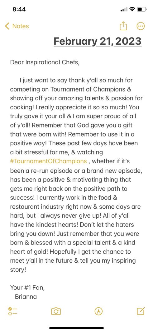 A note to all the chefs that have competed on #TournamentOfChampions throughout the years… ✊🙏🏻💕❤️🤗 <a href="/ChefBrookeW/">Brooke Williamson</a> <a href="/ManeetChauhan/">Maneet Chauhan</a> <a href="/MasterChefTD/">Tiffany Derry</a> <a href="/tiffanifaison/">tiffani faison</a> <a href="/jettila/">Jet Tila</a> <a href="/guarnaschelli/">alex guarnaschelli</a> <a href="/roccodispirito/">Rocco DiSpirito</a> <a href="/amandafreitag/">Amanda Freitag</a> @_MadisonCowan @ChefAdjepong @leeannewong <a href="/TobiasDorzon/">Chef Tobias Dorzon</a> @vphams