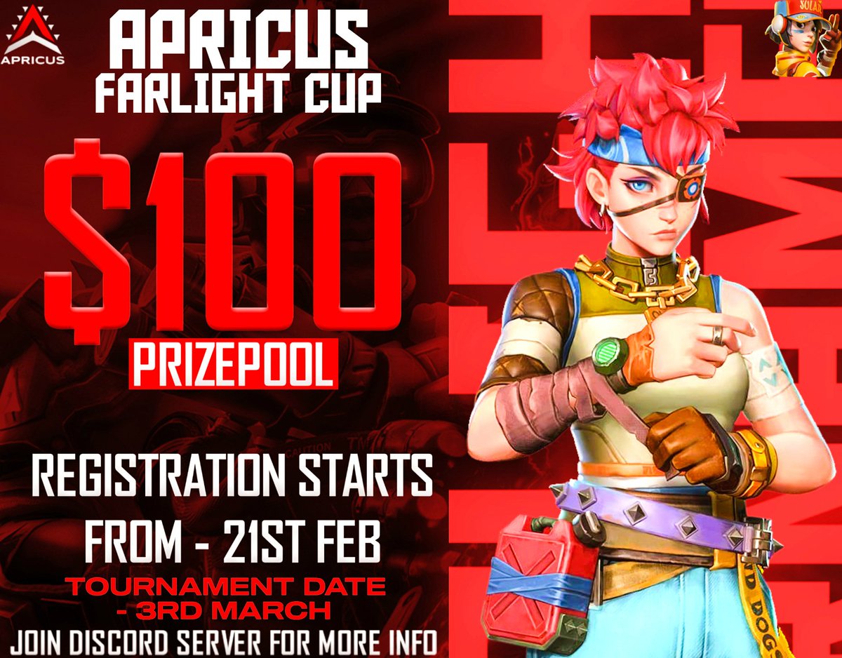team_apricus's tweet photo. Greetings Players!
We at Apricus take immense pleasure in announcing yet another massive event - Apricus Farlight Cup.
100$ is at stake,
Registration Starts from 21st February on our discord
server. 
-TeamApricus #riseaboveall https://t.co/pWziIRX6W5