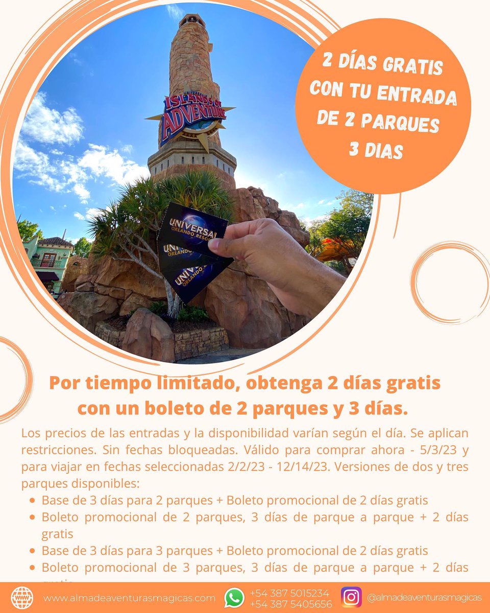 Vale_Viajera's tweet photo. Por tiempo limitado,2 días gratis con un boleto de 2 parques y 3 días. Los precios de las entradas y la disponibilidad varían según el día. Se aplican restricciones.Válido para comprar ahora - 5/3/23 y para viajar en fechas seleccionadas 2/2/23 - 12/14/23.
Tel. 5493875405656 https://t.co/xkOz0sKmZe