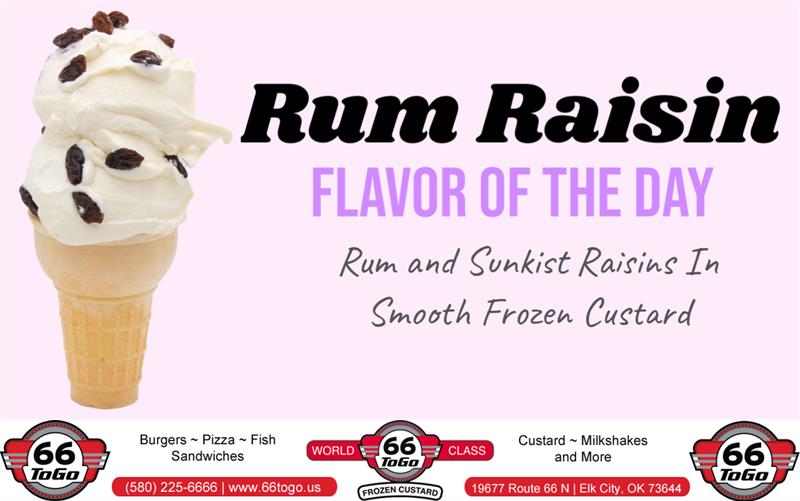 66Togo's tweet photo. February 21st FLAVOR OF THE DAY - Rum and Sunkist Raisins In Smooth Frozen Custard

Dine in or order online at https://t.co/vqpN0zCa5W

#FrozenCustard #Route66 #66ToGo #FlavorOfTheDay #RumRaisin https://t.co/P4ZMiWNX1p