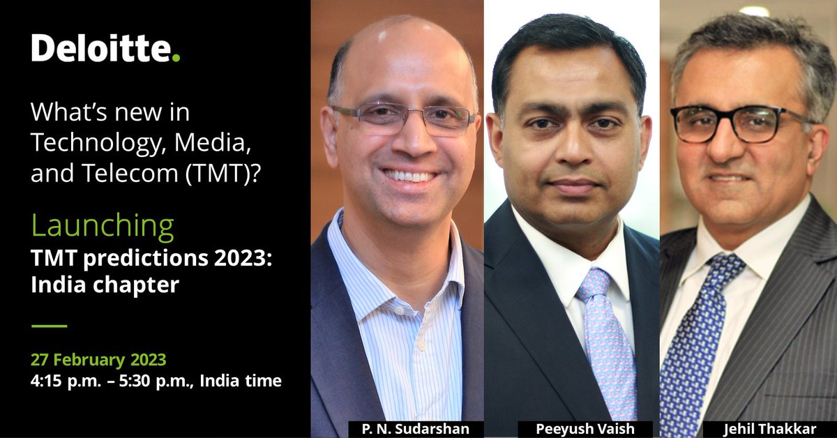DeloitteIndia's tweet photo. Join us in this exciting journey as we are back with a new chapter of “Technology, Media, and Telecom (TMT) predictions 2023: India chapter.” Register now: https://t.co/bPvLIRt8aq
#DeloittePredicts #TMTPredictions #TMT #Technology #Media #Telecom https://t.co/kQmnT97t4M