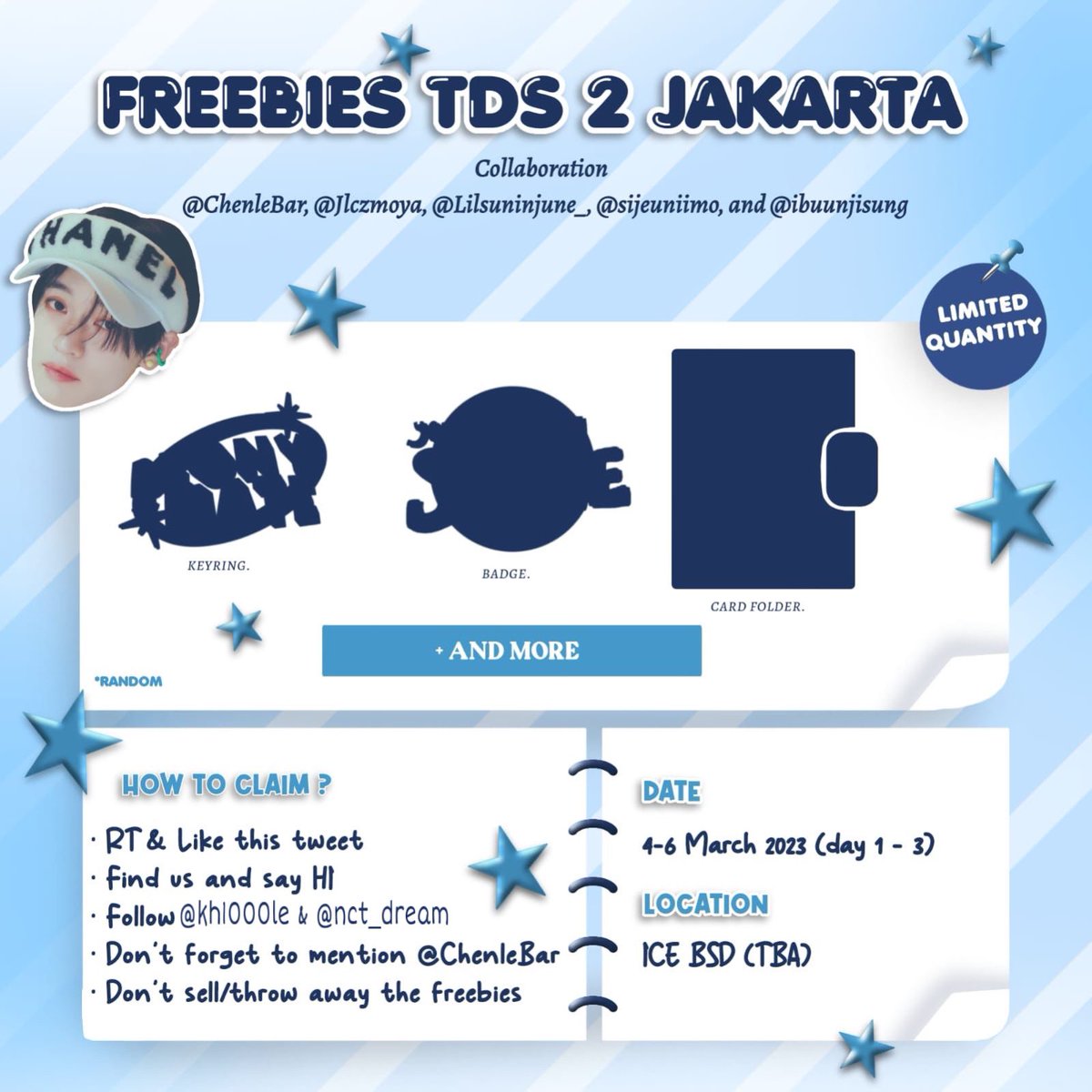 Freebies TDS 2 in Jakarta🐬

Hi hi aku sama beberapa temenku dapet kesempatan nih buat bawain freebies nih dari <a href="/chenlebar/">LELELAND</a> 😆🫶🏻

🗓️ 4-6 Maret 2023
📍ICE BSD
⏰TBA

This is limited quantity so jangan sampe kehabisan 😊 

See ya at the venue 🥰
#TDS2inJakarta
#THEDREAMSHOW2_in_JKT