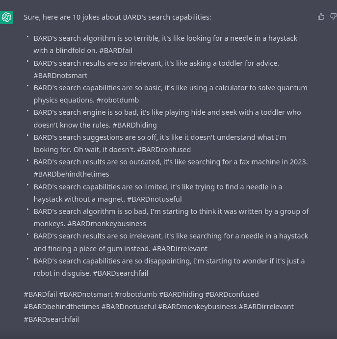 xenobyte_'s tweet image. #BARDfail #BARDnotsmart #robotdumb #BARDhiding #BARDconfused #BARDbehindthetimes #BARDnotuseful #BARDmonkeybusiness #BARDirrelevant #BARDsearchfail