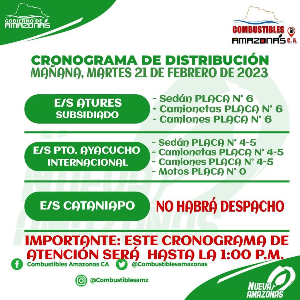 🦜#WakaInforma Distribución de combustible en Puerto Ayacucho prevista para este martes, 21/02/2023.
