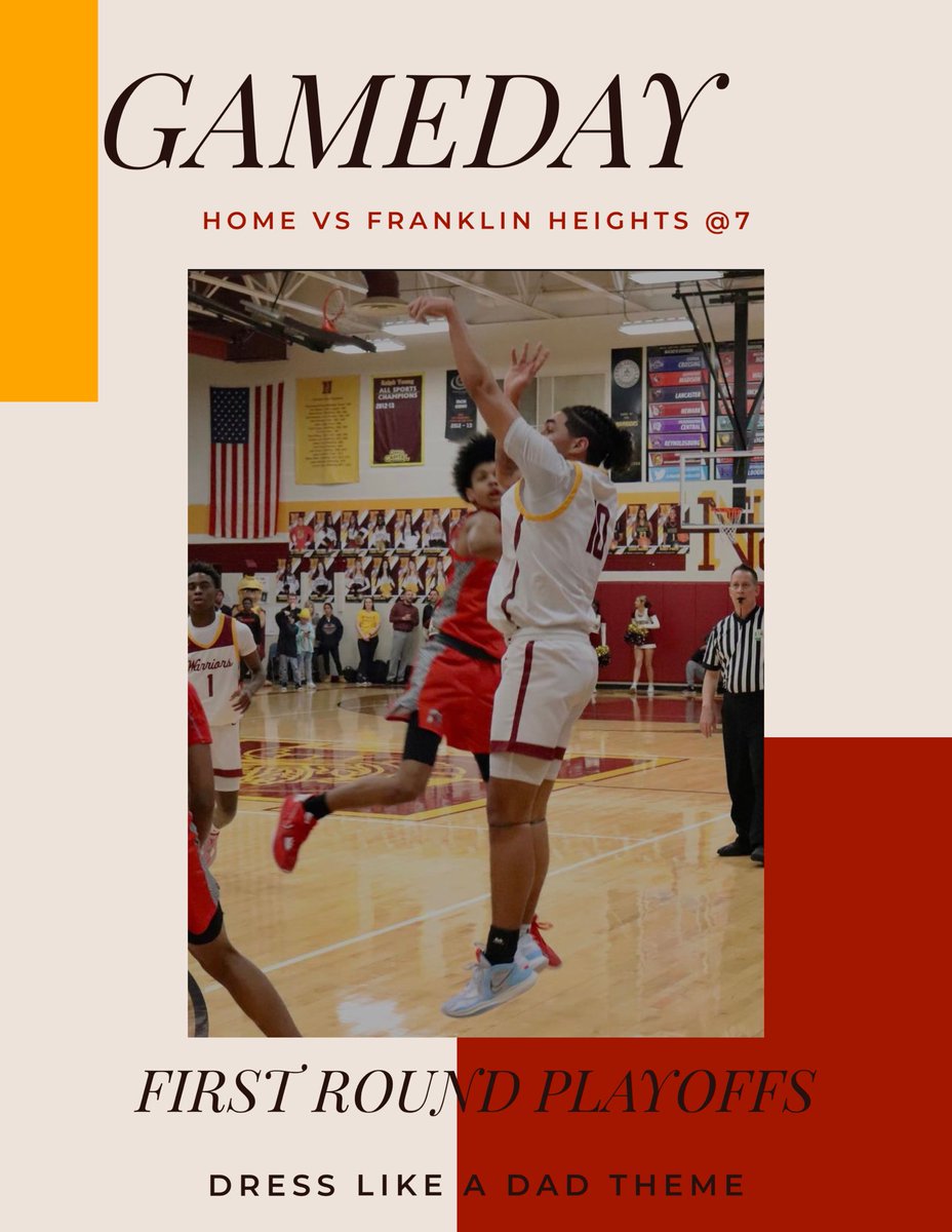 IT’S GAMEDAY!! 🚨🚨

Boys Bball plays in the first round of the tournament TONIGHT vs Franklin Heights!! Pack the stands @ 7! theme is DRESS LIKE A DAD 🧢👔 Buy your tickets from the OHSAA website! Warrior passes WONT work‼️‼️