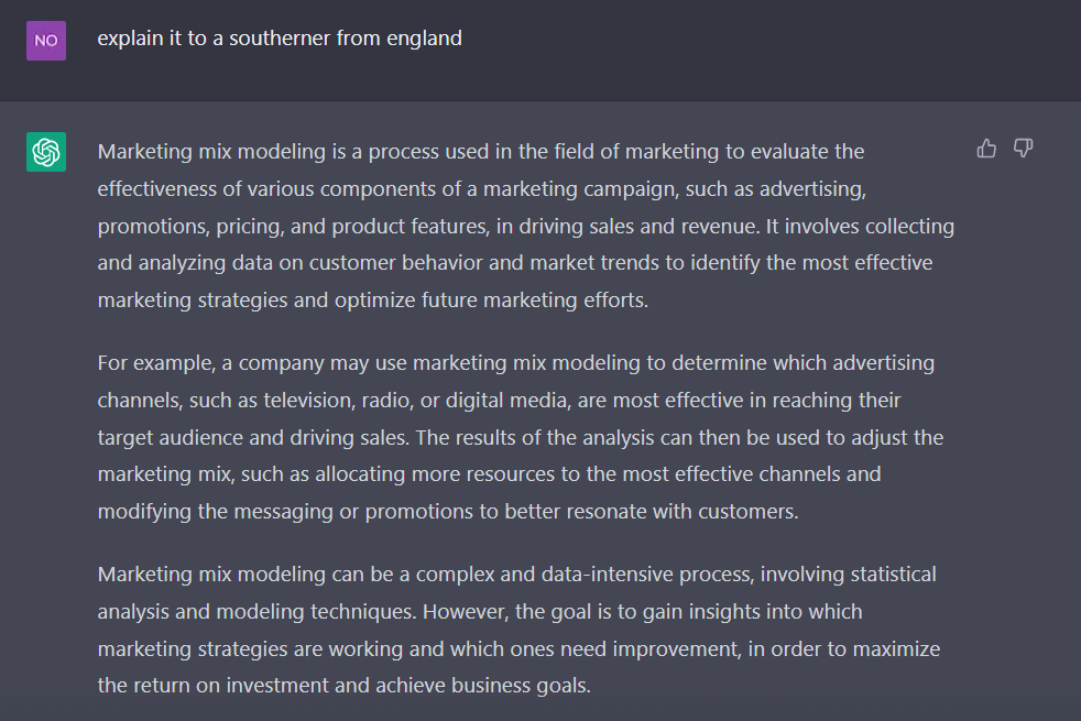 niall20's tweet photo. Asked ChatGPT to explain marketing-mix modelling. Outrageous southerner vs northerner bias
#ChatGPT #England #OpenAI #Marketing #MarketingMixModelling #North #South https://t.co/ljlp11LVIz