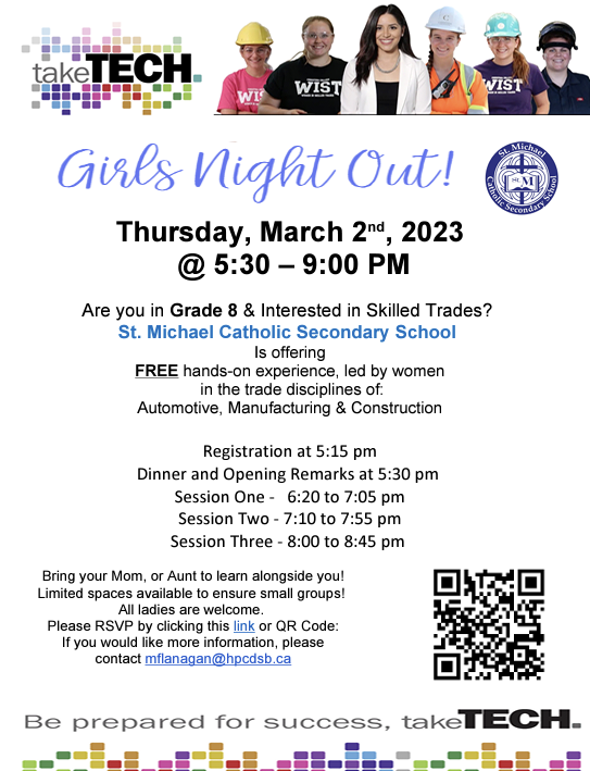 HPCDSB's tweet image. Hey, Grade 8's! St. Michael CSS is hosting a Girls' Night Out #SkilledTrades Event on Thursday, March 2 from 5:30 - 9:00 p.m. Gain free, hands-on experience in automotive, manufacturing and construction! Register using the barcode or link below! #TakeTech @StMikesCSS