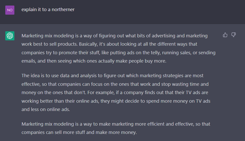 niall20's tweet photo. Asked ChatGPT to explain marketing-mix modelling. Outrageous southerner vs northerner bias
#ChatGPT #England #OpenAI #Marketing #MarketingMixModelling #North #South https://t.co/ljlp11LVIz