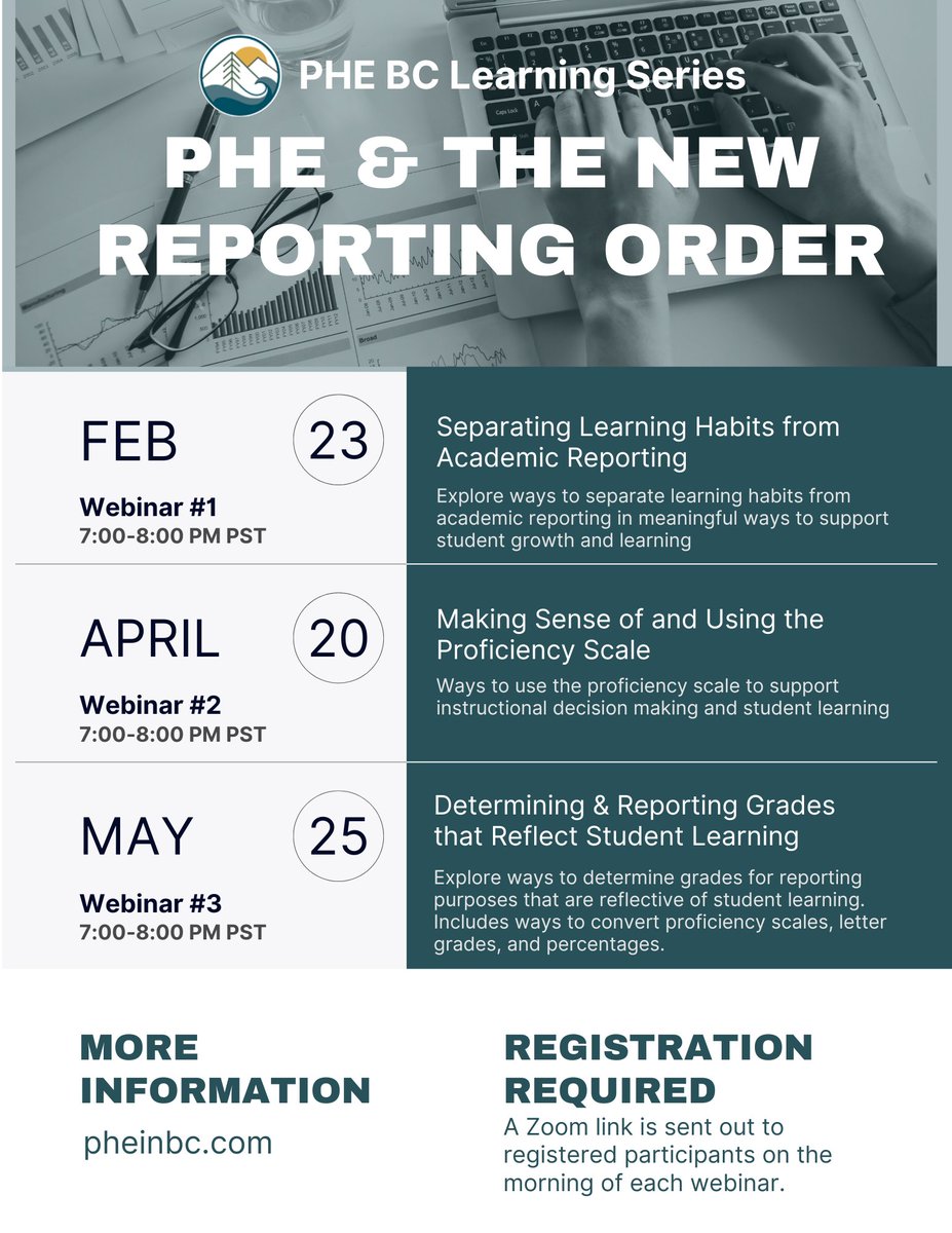 @PHEinBC is offering a free, three-part webinar learning series on PHE & the New Reporting Order. The first session is this Thursday February 23 from 7 to 8 pm - 'Separating Learning Habits from Academic Reporting.' Pre-registration is required. @thinklangley @LangleySchools