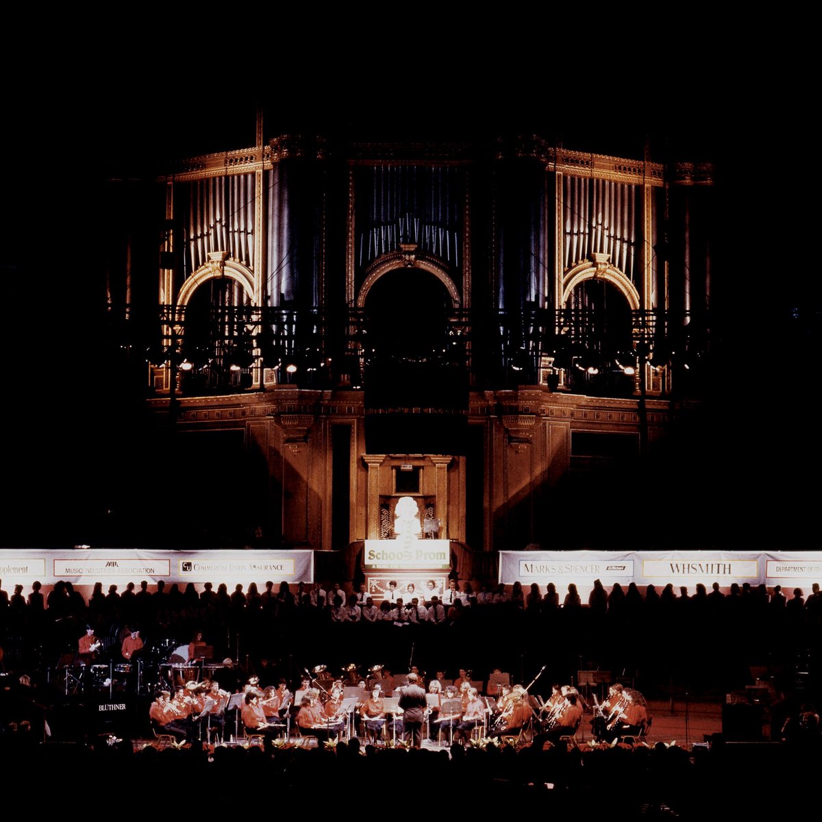 The Grand Organ illuminated by some rather ominous looking lighting at 1988's Music for Youth Schools Prom 💡