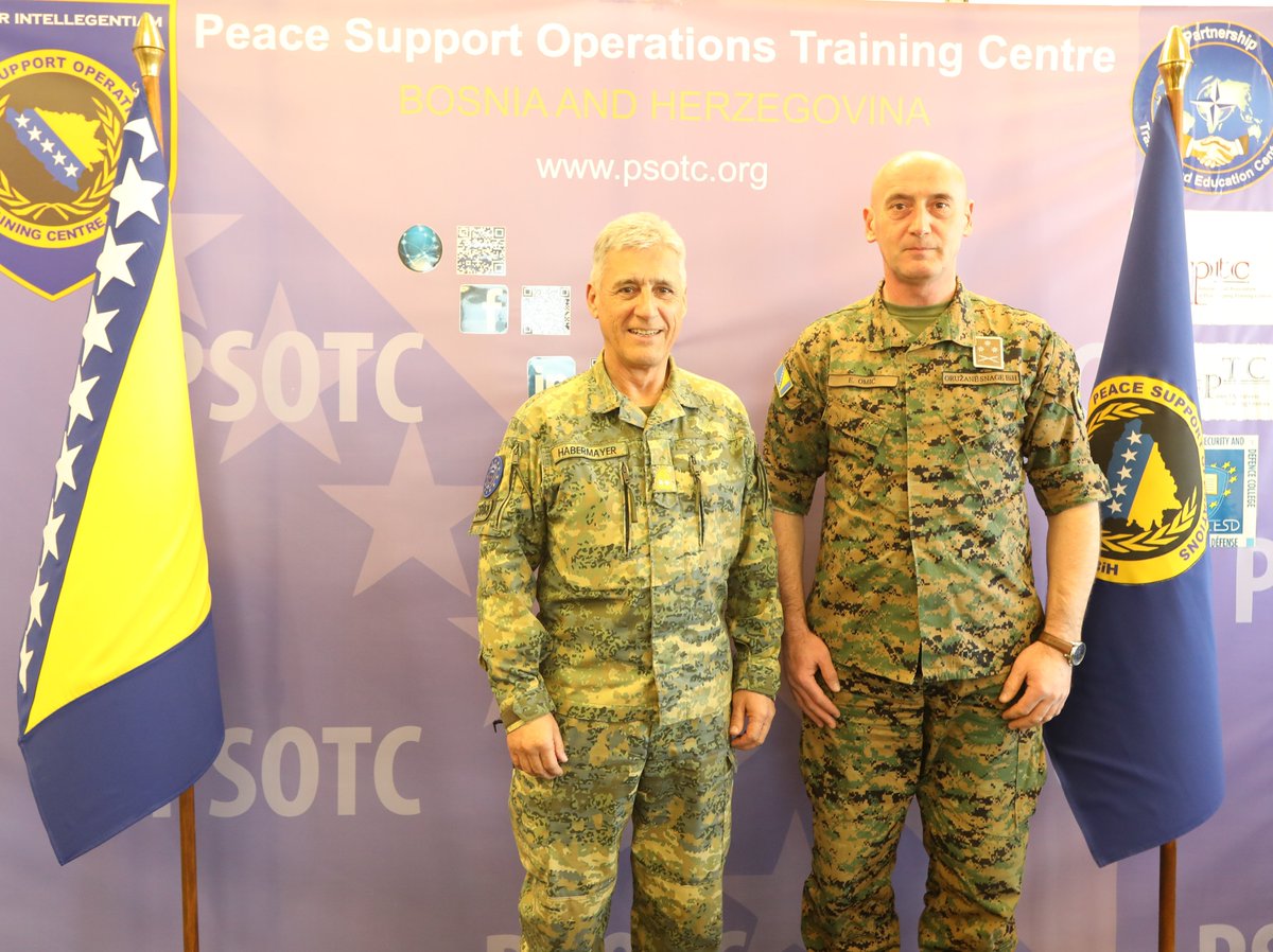 euforbih's tweet photo. Today, COM EUFOR Maj Gen Habermayer visited the Peace Support Operations Training Centre (PSOTC) BiH, where he met with Colonel Elvedin Omić, PSOTC Commandant. During the visit COM EUFOR was briefed on PSOTC activities and discussed on going cooperation between #EUFOR and #PSOTC. https://t.co/fdJx7D45sa
