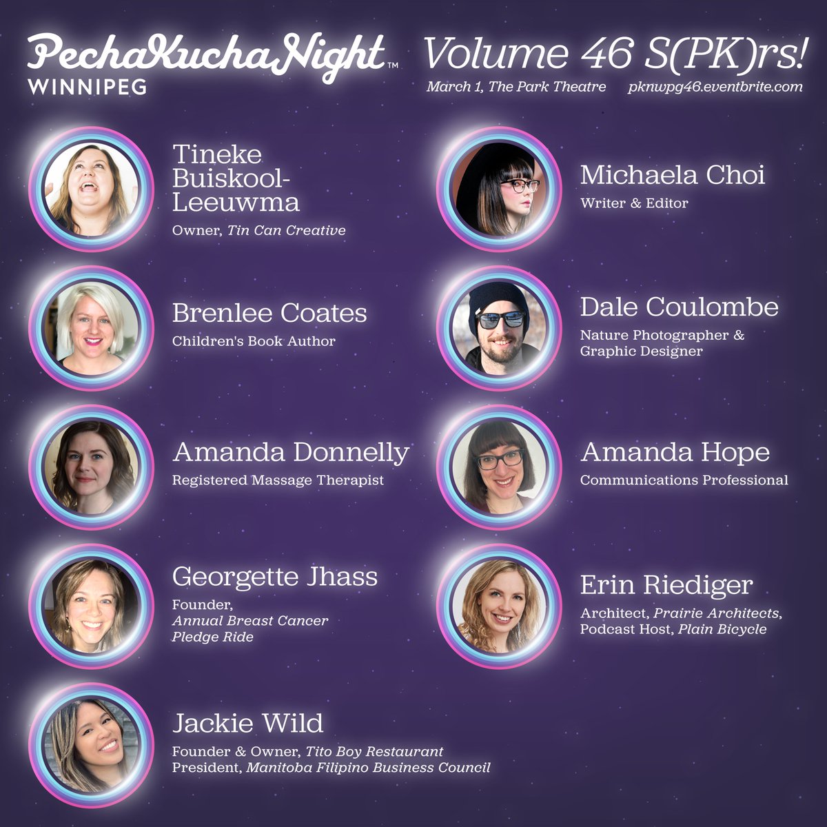 PKN_Winnipeg's tweet image. Here they are, the speakers of #pknwpg46! Get to know each of them in the coming days, and catch them talk in the 20x20 format on March 1st at @myparktheatre!
Doors at 7:30 PM, show at 8. Admission is pay-what-you-want, but we suggest $10. Tix + info: pknwpg46.eventbrite.com