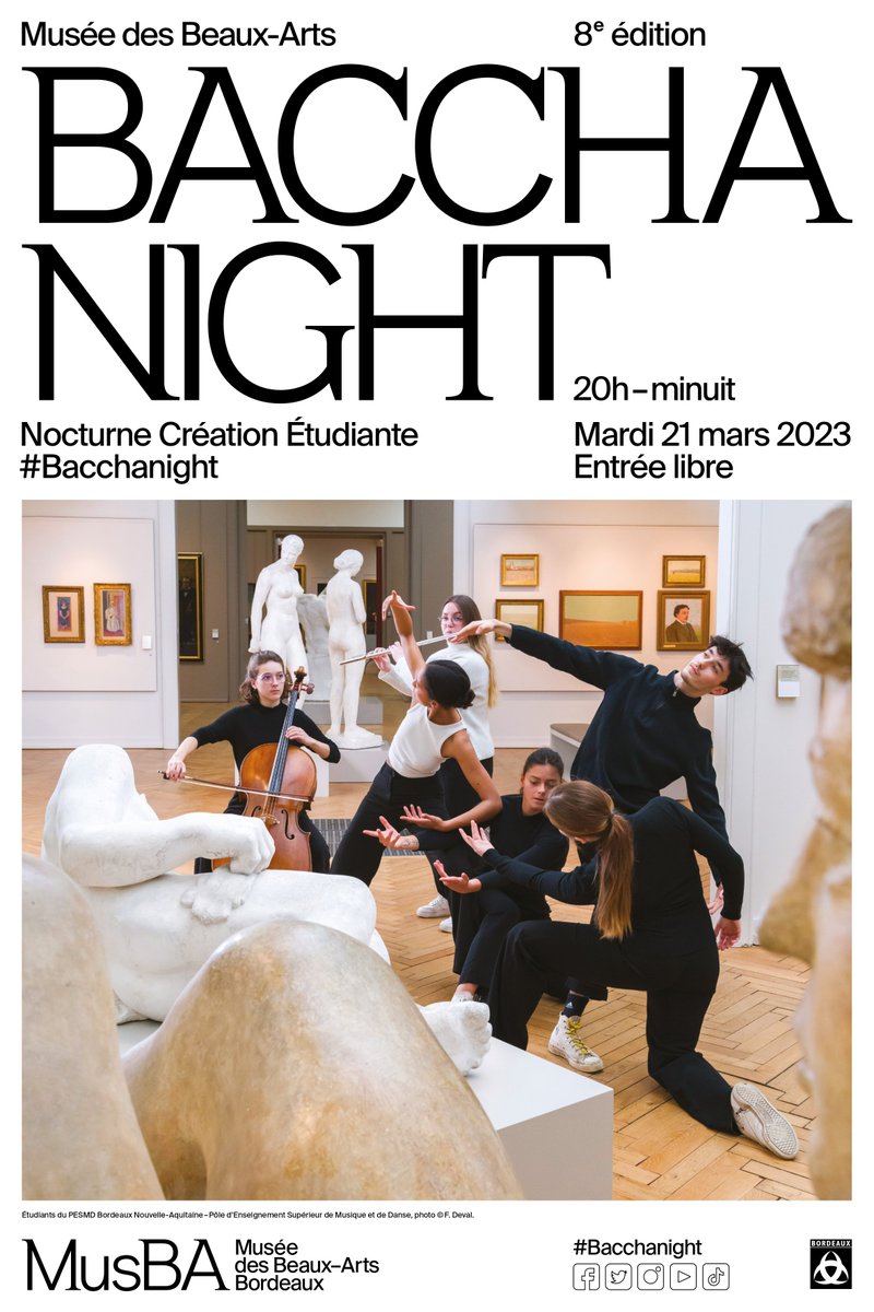 MusBA_bordeaux's tweet photo. C’est dans 1 mois 🥳🎉 

La Bacchanight est de retour pour sa 8ème édition ! 

C'est la nocturne étudiante créée par et pour les étudiants, mais pas seulement... Une soirée gratuite pour tous les curieux qui mêle créations contemporaines des étudiants et collections du MusBA ! https://t.co/o5rhtcrkIY