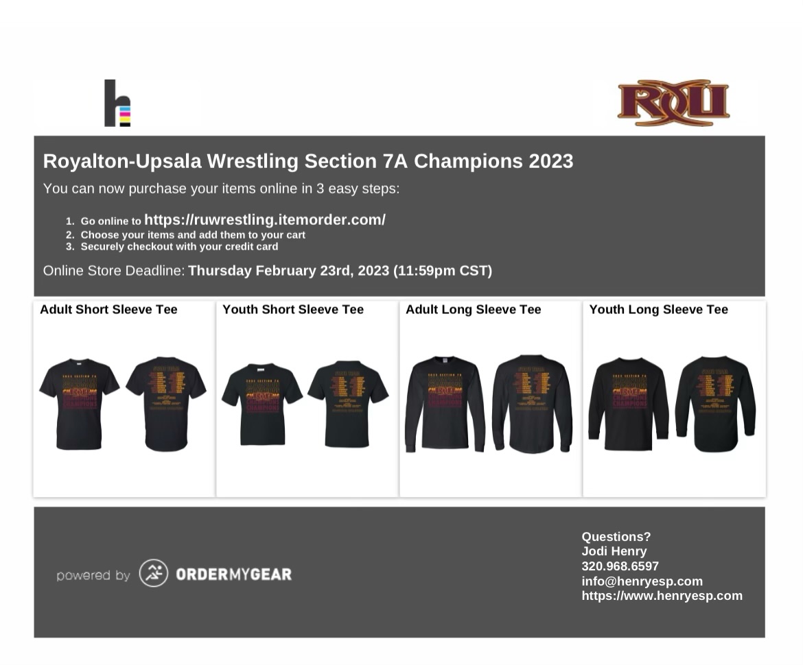 Royalton Royals Activities (@adroyaltonmn) on Twitter photo Your Royalton-Upsala Royals are SECTION 7A TEAM CHAMPIONS for the fourth straight year!
Section Championship T-Shirts are available to order @: ruwrestling.itemorder.com/shop/home/
ORDERS ARE DUE 2/23/23!
<a href="/RecordReport/">MC Record</a> <a href="/RoyaltonRoyals/">Royalton Schools</a> <a href="/upsalaschools/">Upsala Area Schools</a> Your Royalton-Upsala Royals are SECTION 7A TEAM CHAMPIONS for the fourth straight year!
Section Championship T-Shirts are available to order @: ruwrestling.itemorder.com/shop/home/
ORDERS ARE DUE 2/23/23!
<a href="/RecordReport/">MC Record</a> <a href="/RoyaltonRoyals/">Royalton Schools</a> <a href="/upsalaschools/">Upsala Area Schools</a>