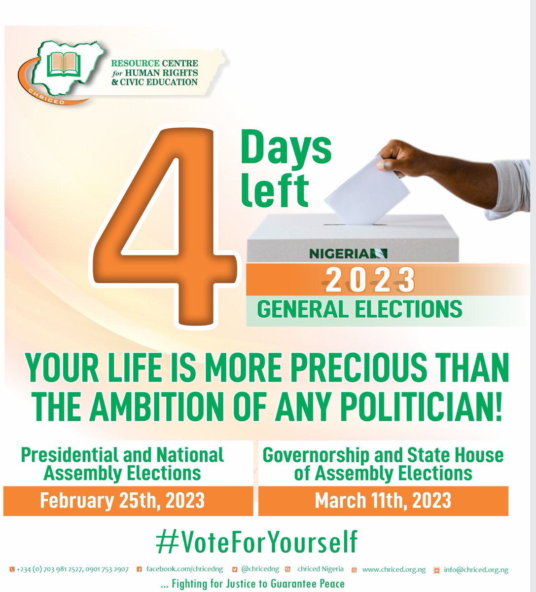 chricedng's tweet photo. 4 days to #NigeriaDecides2023!
Remember, your health, safety and well-being are of the utmost importance and should always take precedence over any political agenda.
#BEWARE #StaySafe
#UseYourPVC #VoteWisely #VoteForYourself #VoteForYourFuture https://t.co/7lVskGznMr