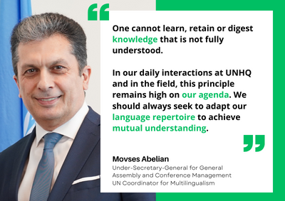 UNDGACM_EN's tweet photo. Marking Int'l #MotherLanguageDay🌍, USG Movses Abelian, in his capacity as UN🇺🇳 Coordinator for #Multilingualism, stresses the importance of nurturing the UN’s language repertoire.

#IMLD2023 https://t.co/tRKg8wYnL2