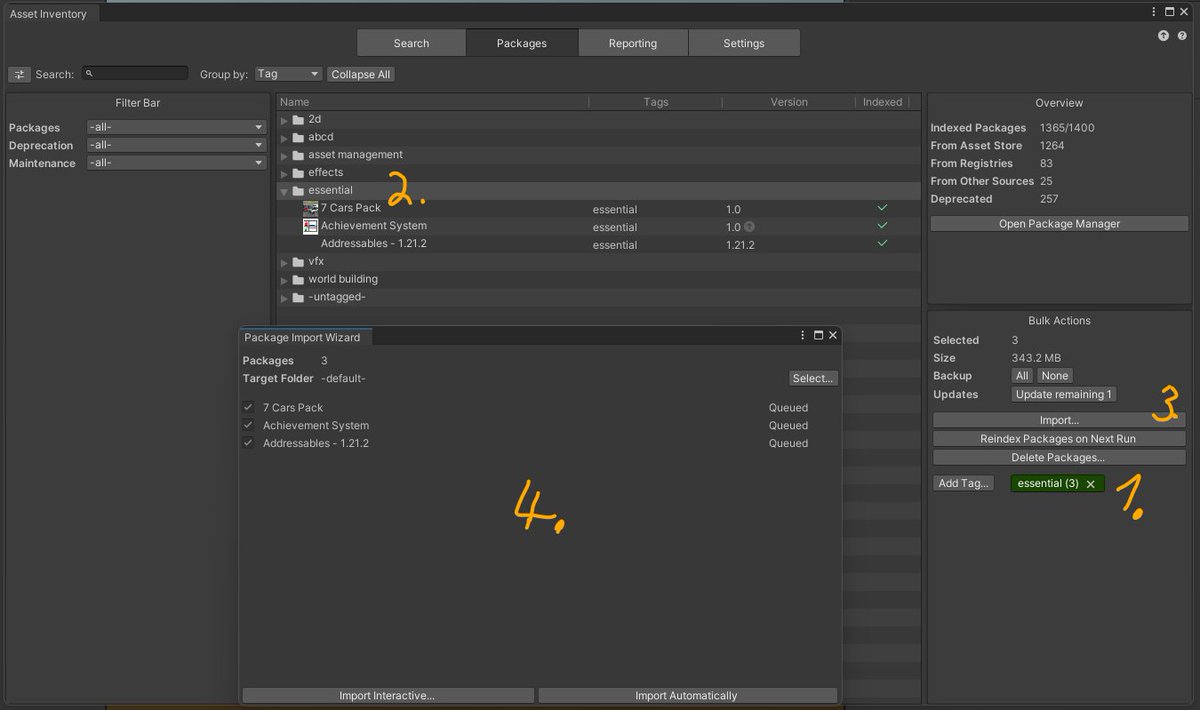 🚀 Speed up your <a href="/Unity/">Unity</a> workflow and stop wasting time! 

Asset Inventory can bootstrap new projects with your essential packages. 

Tag multiple packages from Asset Store &amp; Unity Registry and import all in one go. 

u3d.as/2Sy1

#unitytips #assetstore #GameDev #unity