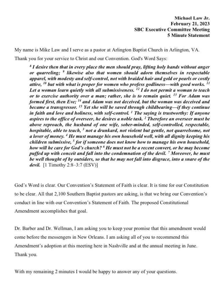 DavidSchrock's tweet photo. Here is Mike Law’s statement to the @SBCExecComm regarding his constitutional amendment calling for the SBC to uphold the Baptist Faith &amp; Message 2000 and the clear biblical teaching that pastors should only be biblically qualified men.

#SBCAmendment https://t.co/1y7CYs3XWT