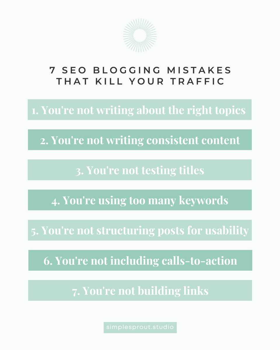 simplesprout_'s tweet photo. Are you doing this?
⁠
1️⃣ Not writing about the right topics ⁠
2️⃣ Not writing consistent content⁠
3️⃣ Not testing titles⁠
4️⃣ Using too many keywords⁠
5️⃣ Not structuring posts for usability⁠
6️⃣ Not including calls-to-action⁠
7️⃣ Not building links⁠
⁠
https://t.co/BdNQf2fmlx https://t.co/RnuvN0XLbP