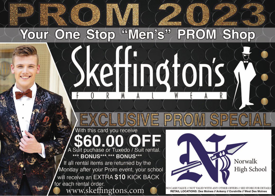 NorwalkProm's tweet photo. DEAL ALERT! $60 off a suit purchase or tux rental at Skeffington’s! After Prom will receive $10 for each rental item returned by Monday after prom! Just present this e-card at time of purchase/rental! https://t.co/AyW9Lz4fFm